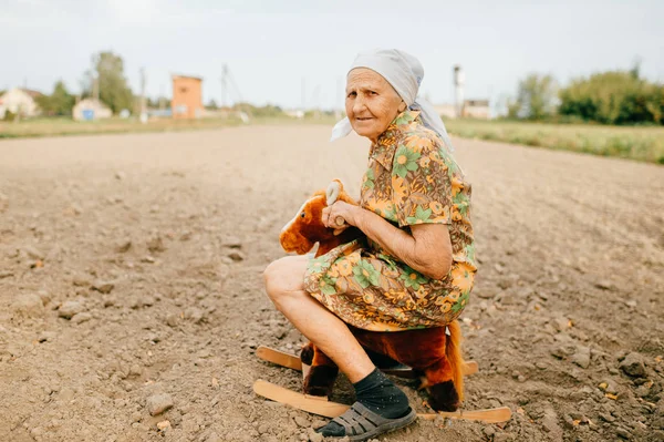 old woman and toy horse in summer field