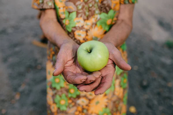Teilansicht Einer Alten Frau Mit Apfel Den Händen Die Sommergarten — Stockfoto