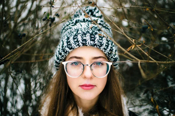 Junge Schöne Frau Posiert Verschneiten Wald Einem Wintertag — Stockfoto