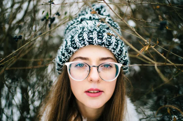 Junge Schöne Frau Posiert Verschneiten Wald Einem Wintertag — Stockfoto