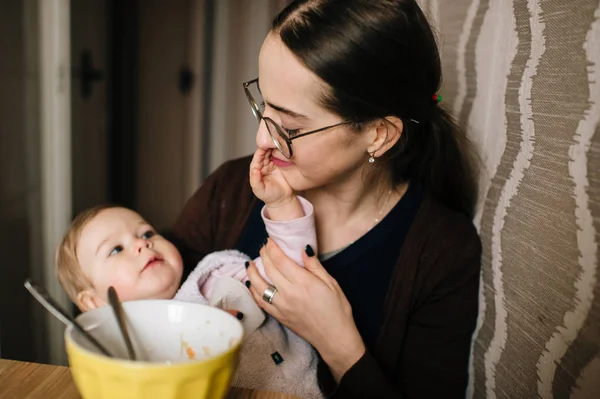 Mother Feeding Little Daughter Delicious Soup Home — Stock Photo, Image