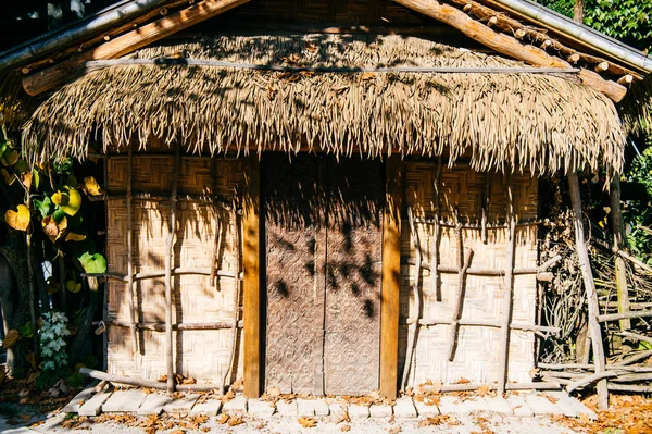 Zblízka Střílel Bambusových Chatkách Hostel Doškovou Střechou Palmové Listy — Stock fotografie