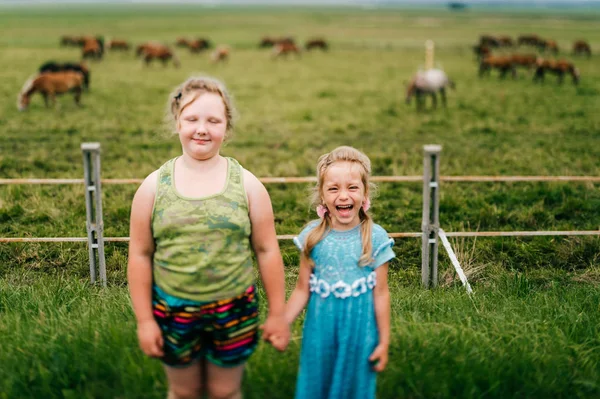 Sisters Grazing Horses Field Summer Day — Stock Photo, Image