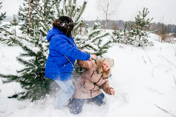 Mulheres Divertindo Floresta Inverno Juntos — Fotografia de Stock