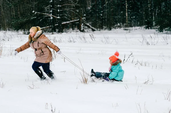 小さな子供と寒い日のフィールドにふきだまりを通してそりを引っ張る母 — ストック写真
