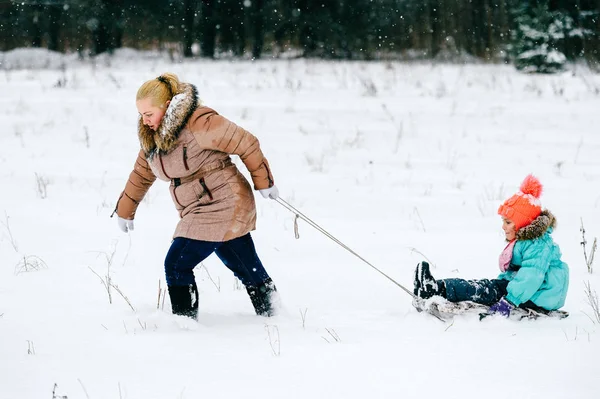 Mãe Puxando Trenó Através Snowdrifts Campo Dia Frio Com Criança — Fotografia de Stock