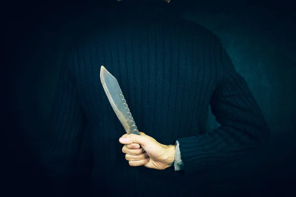 Hombre Las Manos Sosteniendo Cuchillo Grande — Foto de Stock