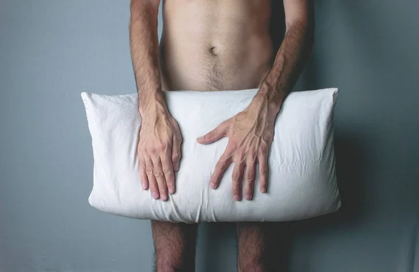 Young Naked Man Covers His Penis Pillow — Stock Photo, Image