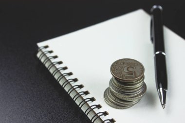 Defter ve kalem ile ahşap bir masa üzerinde paralar
