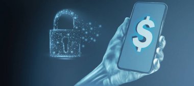 3D illüstrasyon telefonu ve para güvenli telefon yoluyla ödeme