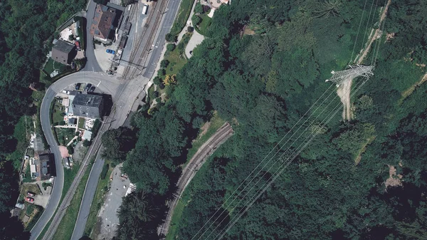 Power line and railroad in Chamby village in Switzerland