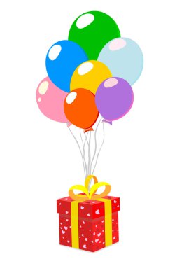 Şerit ve renkli balon kırmızı hediye kutusu. Beyaz bir arka plan üzerinde izole. Noel ve Doğum günü kavramı. Vektör çizim.