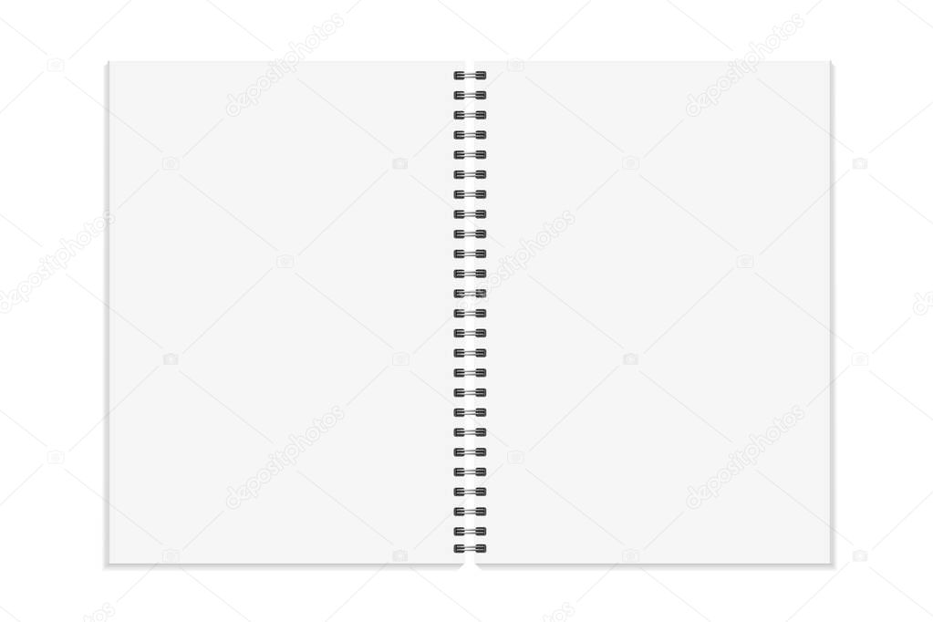 Notebook mock up. Open book, diary with metal spiral template. Isolated on white background. A4 bound pages. Vector illustration.