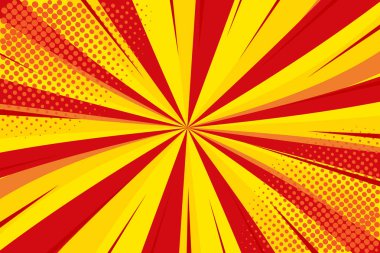 Pop sanat retro komik. Sarı-kırmızı arka plan. Yıldırım patlama yarı ton noktaları. Çizgi film arka plan, süper kahraman. Vektör