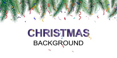 Kış tatil arka plan. Noel ağaç dalları ve süs eşyaları ile sınır. Sorunsuz yeni yıl arka plan. Beyaz bir arka plan üzerinde izole. Vektör çizim