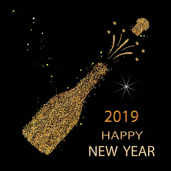 Felice Anno Nuovo Brillantini Oro 2019 Icona Dello Champagne Silhouette — Vettoriale Stock