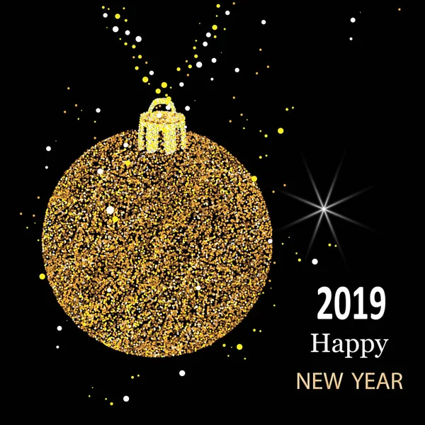 Palla di Natale. Felice anno nuovo. Brillantini d'oro 2019. Vettore — Vettoriale Stock