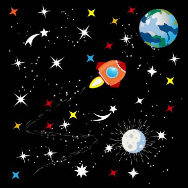 Yıldızlı gökyüzü evrenin. Yıldız, Dünya gezegeni ve yıldızlar arasında uzayda uzay gemisi. Arka plan siyah bir zemin üzerine galaksinin takımyıldızı. Vektör.