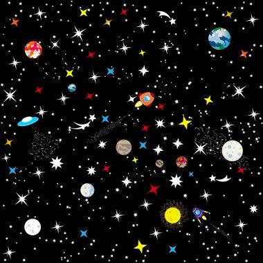 Sorunsuz arka plan siyah bir zemin üzerine galaksinin takımyıldızı. Yıldızlı gökyüzü evrenin. Yıldız, Dünya gezegeni ve yıldızlar arasında uzayda uzay gemisi. Vektör.