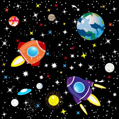 Arka plan siyah bir zemin üzerine galaksinin takımyıldızı. Yıldızlı gökyüzü evrenin. Yıldız, Dünya gezegeni ve yıldızlar arasında uzayda uzay gemisi. Vektör.