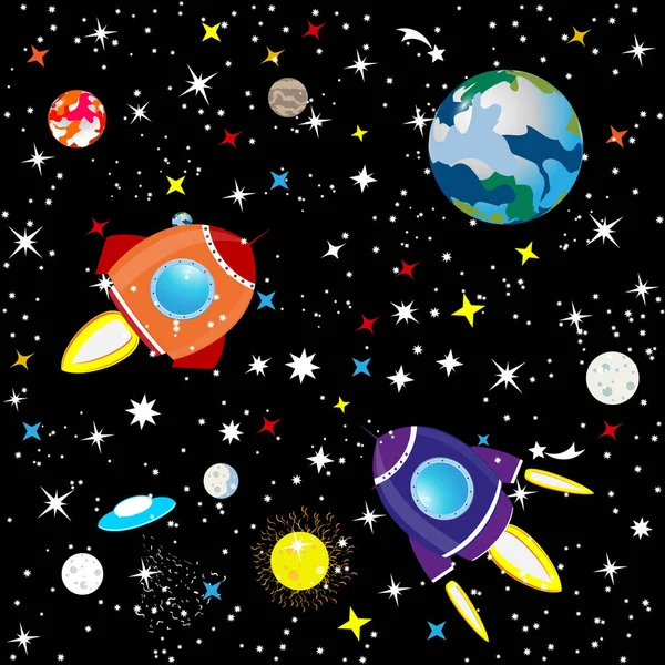 Arka plan siyah bir zemin üzerine galaksinin takımyıldızı. Yıldızlı gökyüzü evrenin. Yıldız, Dünya gezegeni ve yıldızlar arasında uzayda uzay gemisi. Vektör.