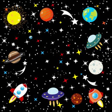 Yıldızlı gökyüzü evrenin. Yıldız, Dünya gezegeni ve yıldızlar arasında uzayda uzay gemisi. Çocuk basit boşluk çerçeve soyut. Siyah bir zemin üzerine galaksinin takımyıldızı. Vektör çizim.