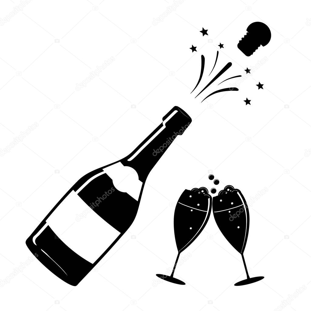 Champagne, or wine icon. Black silhouette of a champagne bottle and a glass. Iconography. Vector