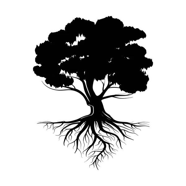 Logo Albero Nero Con Radici Foglie Icona Illustrazione Vettoriale Isolata — Vettoriale Stock