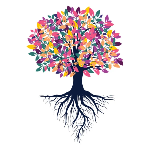 Silhouette di autunno di un albero con foglie colorate. Albero con radici. Isolato su sfondo bianco. Colori retrò stile anni '80. Illustrazione vettoriale . — Vettoriale Stock