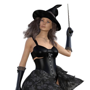 Siyah şapkalı ve siyah elbiseli cadı değnek tutuyor