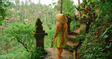 Bali gezisi sırasında tapınak sütunları arasında yürüyen bir kadın pirinç teraslarını görüyor..