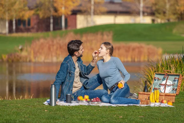 Çift parkta açık hava pikniği yaptı.