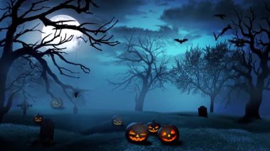 Cadılar Bayramı Animasyon Mezarlığı Sahnesi, Mezar Taşları, Fenerler, Yarasalar ve Perili Ağaçlar