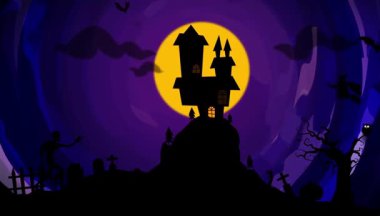 Perili Kale, Dolunay, Yarasalar ve Zombi Siluetleriyle Cadılar Bayramı Animasyonu