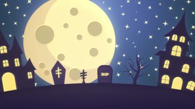 Cadılar Bayramı Dolunaylı Animasyon Sahnesi, Perili Evler ve Yıldızlı Gece Gökyüzü