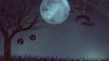 Cadılar Bayramı Dolunaylı Animasyon Sahnesi, Asılı Jack-o 'Lantern, Çıplak Ağaç ve Yarasalar