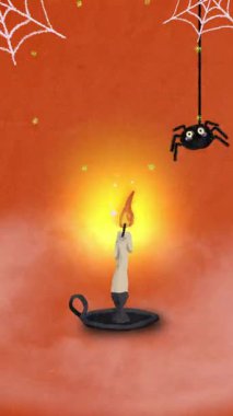 Aydınlık Mum, Asılı Örümcek ve Turuncu Arkaplanda Örümcek Ağı ile Cadılar Bayramı Animasyon Sahnesi
