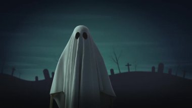 Cadılar Bayramı Dolunaylı Animasyon Sahnesi, Yarasalar Uçuyor ve Mezarlık Siluetleri