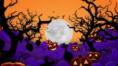 Halloween Animated Scene with Witch Flying on Broomstick, Full Moon, Pumpkins, and Tombstones