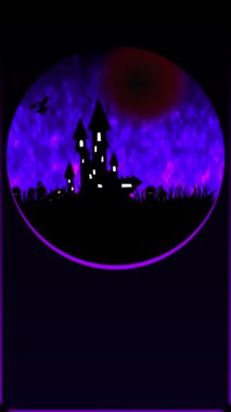 Halloween Animated Scene with Haunted Castle Silhouette and Purple Galaxy Background