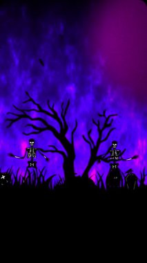 Halloween Animated Scene with Dancing Skeletons, Bare Trees, and Purple Sky