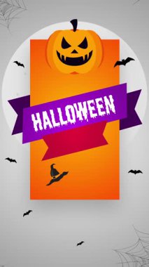 Halloween pumpkin with bats and witch hat on a grey background with spiderwebs