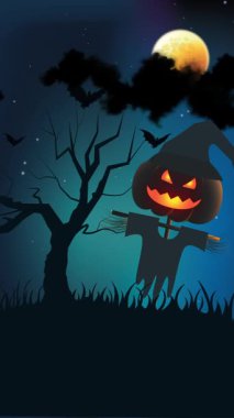 A chilling Halloween night scene featuring a scarecrow with a pumpkin head, bats flying under a full moon, and a dark, eerie atmosphere.