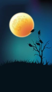 A creepy zombie rises from a graveyard under a large full moon on a dark night.