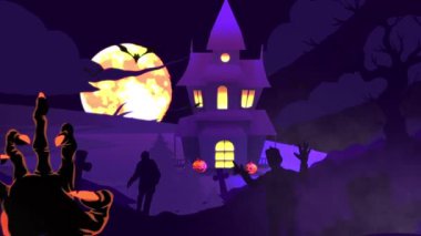 Spooky animation of a haunted house exterior with a full moon and an interior scene featuring a ghostly apparition.