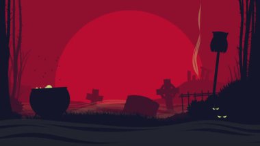 A dark and mysterious Halloween night scene with silhouettes of figures, a large cauldron, and an owl.