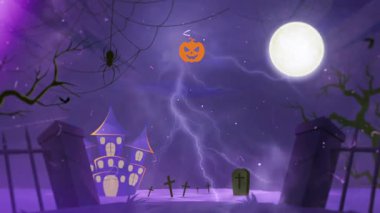 A spooky Halloween scene with a haunted house, a ghost, a pumpkin, and a full moon on a dark night.