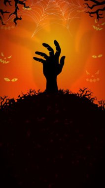 A spooky image of a zombie hand rising from the ground on a Halloween-themed background.