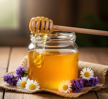 Cam bir kavanoz dolusu şeker ve bal. Çevre dostu, doğal ve pratik ürünler. Doğal lezzet.