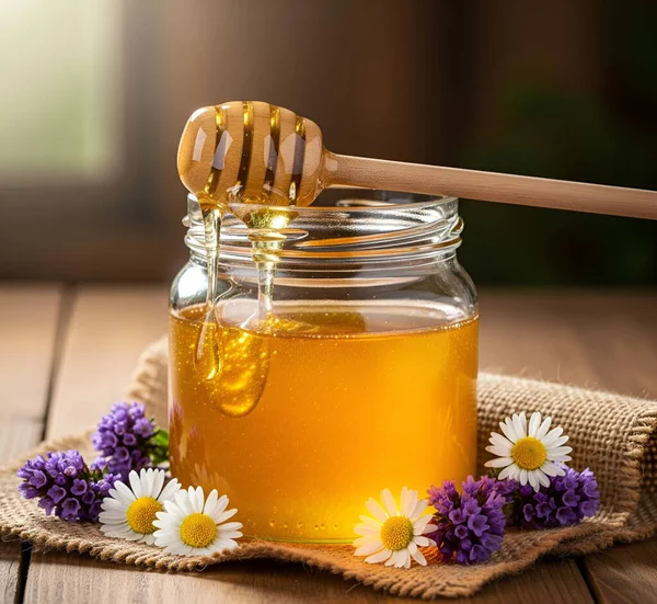 Cam bir kavanoz dolusu şeker ve bal. Çevre dostu, doğal ve pratik ürünler. Doğal lezzet.